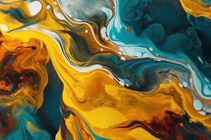 creative yellow and turquoise liquid paint abstract background photo