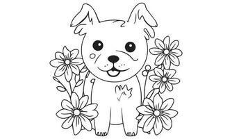 Cute Dog with flower Line art coloring page vector. vector