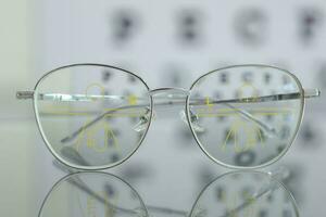 Eyeglass in optical shop, glasses progressive lens photo