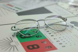 Eyeglass in optical shop, glasses progressive lens photo