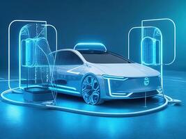 Smart futuristic car hologram HUD UI. Abstract virtual graphic touch user interface.Auto service concept. Scanning and automobile data analysis. AI generated photo