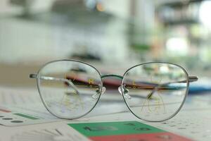 Eyeglass in optical shop, glasses progressive lens photo