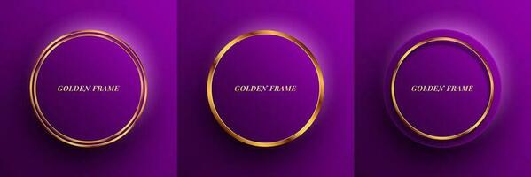 3D golden circles set on purple background. Gold colored luxury frame pack on dark space. Modern graphic design element glowing style concept for banner, flyer, card, landing page, or brochure cover vector