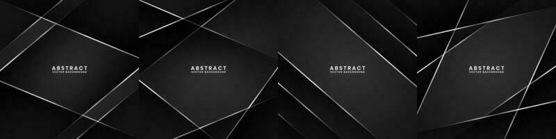 3D black techno abstract background set. Overlap layer on dark space with silver lines effect decoration. Modern graphic design element cutout style concept for banner, flyer, card, or brochure cover vector