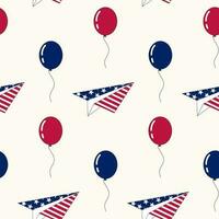 Seamless pattern of hand drawn 4th of July paper planes and balloons, on isolated background. Design for Independence Day, 4th of July, freedom celebration. Patriotic and memorial decoration. vector