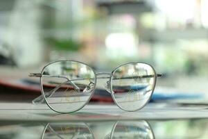 Eyeglass in optical shop, glasses progressive lens photo