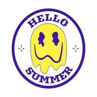 Y2k sticker. The label is in the shape of an oval with a melting smiley face and the words Hello summer. Text graphic element in bright acid colors. Simple vector illustration isolated on a white