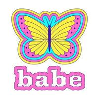 Y2K sticker in the shape of a butterfly with a stroke and the word Babe. Text graphic element in bright acid colors. Nostalgia for the 2000s. Simple vector illustration isolated on a white