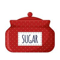 Red sugar bowl with polka dots. With lid and label. Kitchen utensils, sugar container. Sweet food. Illustration in cartoon flat style. Isolated on a white background. vector