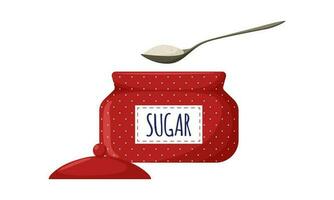 Red polka-dot sugar bowl with open lid and label. Sugar in a spoon. Kitchen utensils, sugar container. Sweet, unhealthy, harmful food. Illustration in cartoon flat style. Isolated on white background. vector