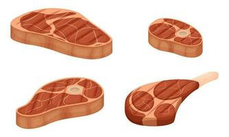 un conjunto de piezas de A la parrilla carne con capas de gordo. nudillo con hueso, hombro cuchilla, filete. cocido frito carne. plano dibujos animados vector ilustración aislado en un blanco antecedentes.
