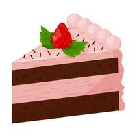 un pedazo de fresa pastel con rosado crema, decorado con fresas dulce, insalubre alimento. dulce pasteles, postre, golosinas color vector ilustración en dibujos animados plano estilo. aislado en blanco