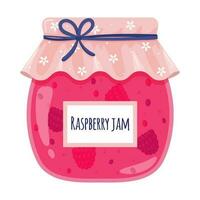 Glass jar with raspberry jam. Sweet food, jam with berries, homemade food, treats, dessert. Color vector illustration in cartoon flat style. Isolated on a white background.