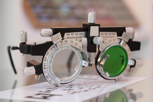 Trial frame isolated on white blur background. Ophthalmologist tool, Optometrist trial frame for eye test, eye test, trial frame eyeglasses photo