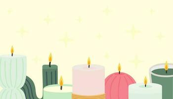 Horizontal banner with candles. Cozy background with a home decor theme. Stylish wax candles. Vector illustration. Set of candles.