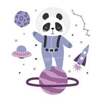 Hand-drawn vector illustration of a cute panda astronaut in space. Cute space illustration with a panda in a spacesuit on a planet. Concept for children's t-shirt print. Isolated objects.