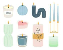 Collection of burning candles. Decorative wax candles of different sizes and shapes. Aromatic candles.  Hand-drawn vector set. Fancy and beautiful candles. White isolated background.