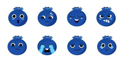 Vector set of cute blueberry character. Set of smiley faces, live berries. Blueberries with different emotions, surprised, crying, happy, cold, sad, pensive. Stylish set of funny berries.