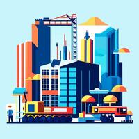 Work process of buildings construction and machinery. Flat vector concept development structure with equipment photo