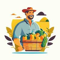 sonriente masculino granjero o jardinero en uniforme sostiene cesta de maduro vegetales y frutas trabajo y cosecha. foto