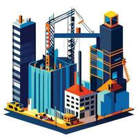 Work process of buildings construction and machinery. Flat vector concept development structure with equipment