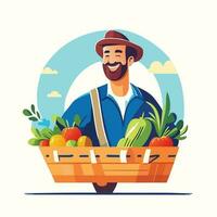 Smiling male farmer or gardener in uniform holds basket of ripe vegetables and fruits. Work and harvest. vector