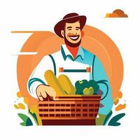 Smiling male farmer or gardener in uniform holds basket of ripe vegetables and fruits. Work and harvest. vector