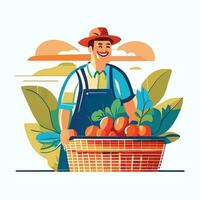 Smiling male farmer or gardener in uniform holds basket of ripe vegetables and fruits. Work and harvest. vector