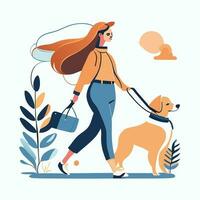 Woman, dog owner walking with puppy, leading it on leash. Girl going with doggy, vector