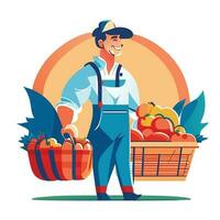 Smiling male farmer or gardener in uniform holds basket of ripe vegetables and fruits. Work and harvest. vector