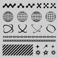 Set of black Y2K retro elements, globes and abstract shapes, street wear element design vector