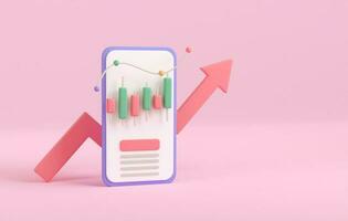 3d render mobile trading and graph witn arrow up. business finance stock investment. 3d rendering illustration minimal style. photo