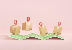 3d render box delivery and location pin. shopping and e-commerce concept. express logistics tracking on map. 3d rendering illustration minimal style. photo
