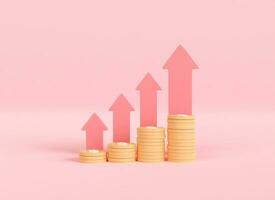3d render arrow up with coin stack. business finance investment  growth. trading increase concept. 3d rendering illustration minimal style. photo