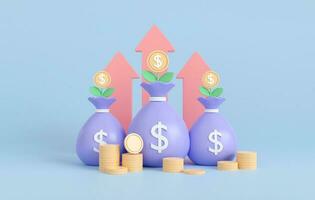 3d render bag money, tree growth and coin stack. Business growth dollar coins plant.  Arrow graph chart increase to success. 3d rendering illustration minimal style. photo