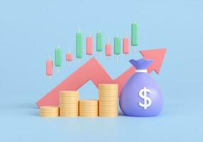 3d render trading investment bag money and coin stack. business trading and arrow growth concept. savings, income and returns. stock market and candlestick chart rising. 3d Rendering illustration. photo