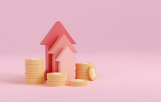 3d render business investment arrow up and coin stack. business trading growth concept. market chart profit money. 3d rendering illustration minimal style. photo