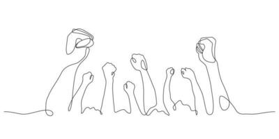 powerful fists of audiences hooray gesture continuous line drawing vector