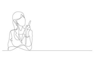 young business woman pointing finger up having an idea in one line drawing vector