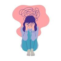 depressed woman sitting face palm pose flat linear illustration vector