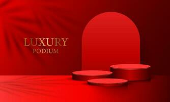 Realistic red cylinder 3D room pedestal podium set palm leaf shadow overlay minimal scene product display presentation stage for showcase vector