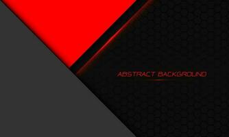 Abstract red grey triangle overlap on dark hexagon mesh pattern with blank space design modern futuristic technology background vector