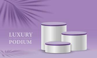 Realistic white purple cylinder  3D room pedestal podium set palm leaf shadow overlay minimal scene product display presentation stage for showcase vector