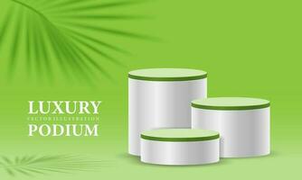 Realistic white green cylinder  3D room pedestal podium set palm leaf shadow overlay minimal scene product display presentation stage for showcase vector