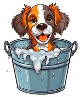 Dog taking bath on a metallic bucket isolated on white background. Cartoon illustration style. photo