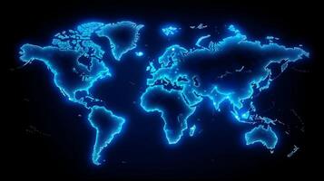 Blue Glowing World Map on black background. Earth at night. photo