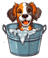 chien prise une baignoire sur une métallique seau isolé. dessin animé illustration style. ai génératif png