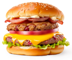 Delicious double meat burger with bacon and yellow cheese isolated on transparent background. AI Generative png