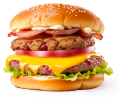 Delicious double meat burger with bacon and yellow cheese isolated on transparent background. png