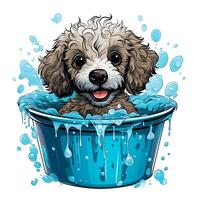 Cute Dog taking a bath on a bucket isolated on white background. Cartoon illustration style. photo
